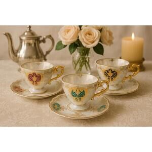 Royal Sealy Japan 1950 3 Sets Lustreware Heraldic Motifs Demitasse Cups Saucers